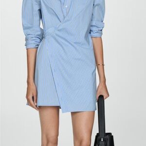 Mango Light Blue Striped Long Sleeve Wrap Dress